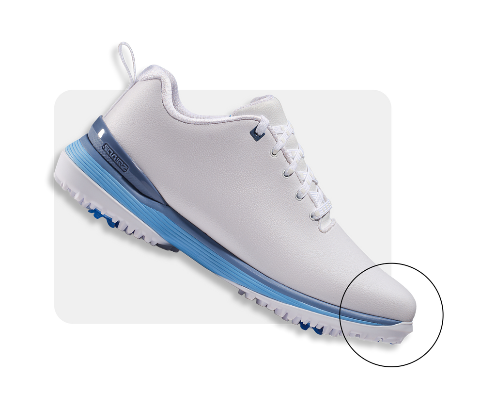 White sneaker with blue accents