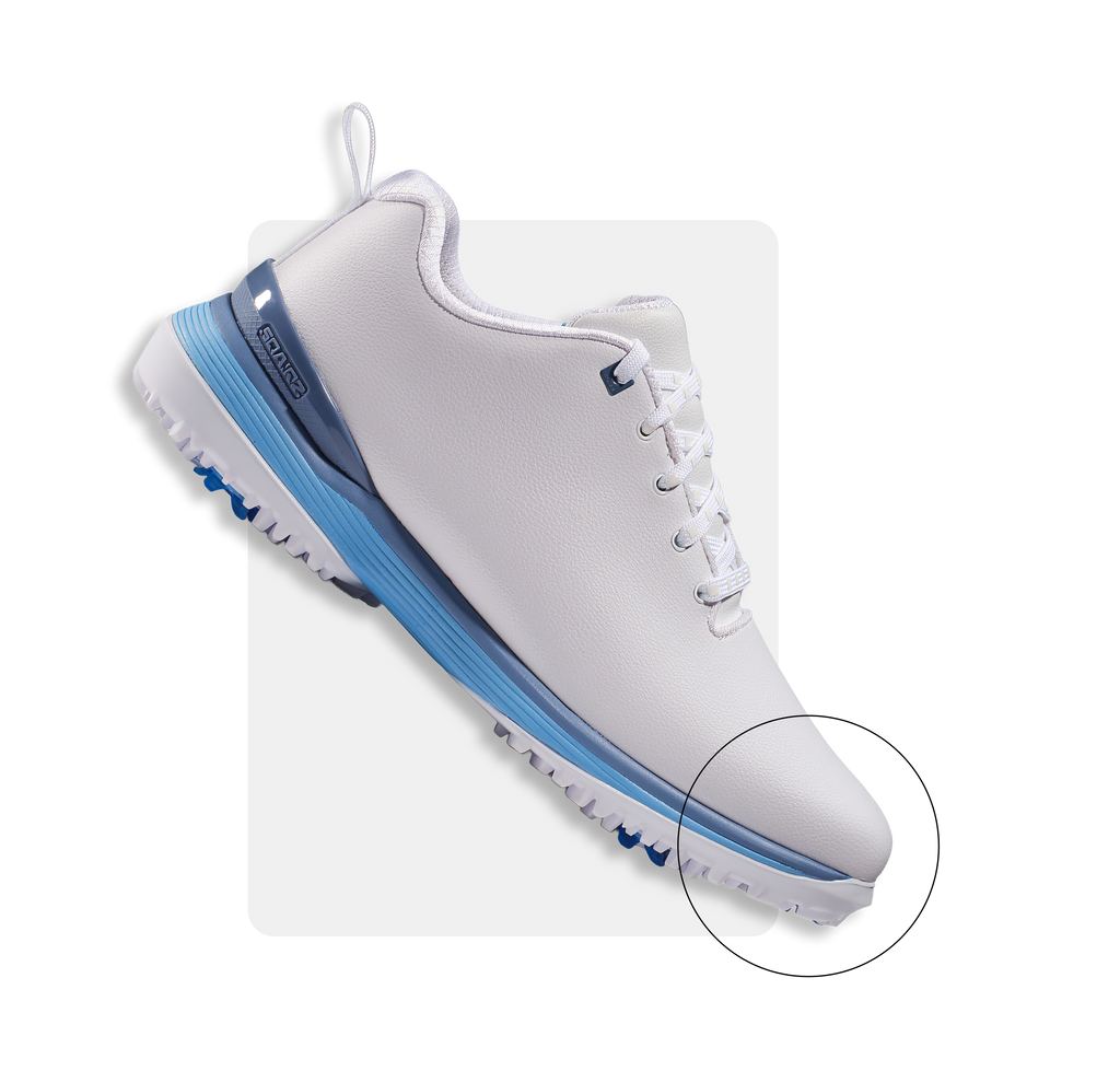 White sneaker with blue sole